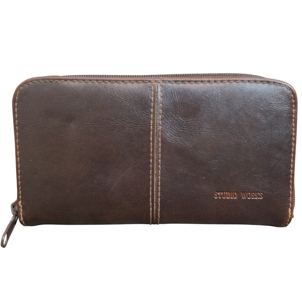 Studio Works Vintage Women's Zip Around Accordion Wallet Brown Leather Organizer